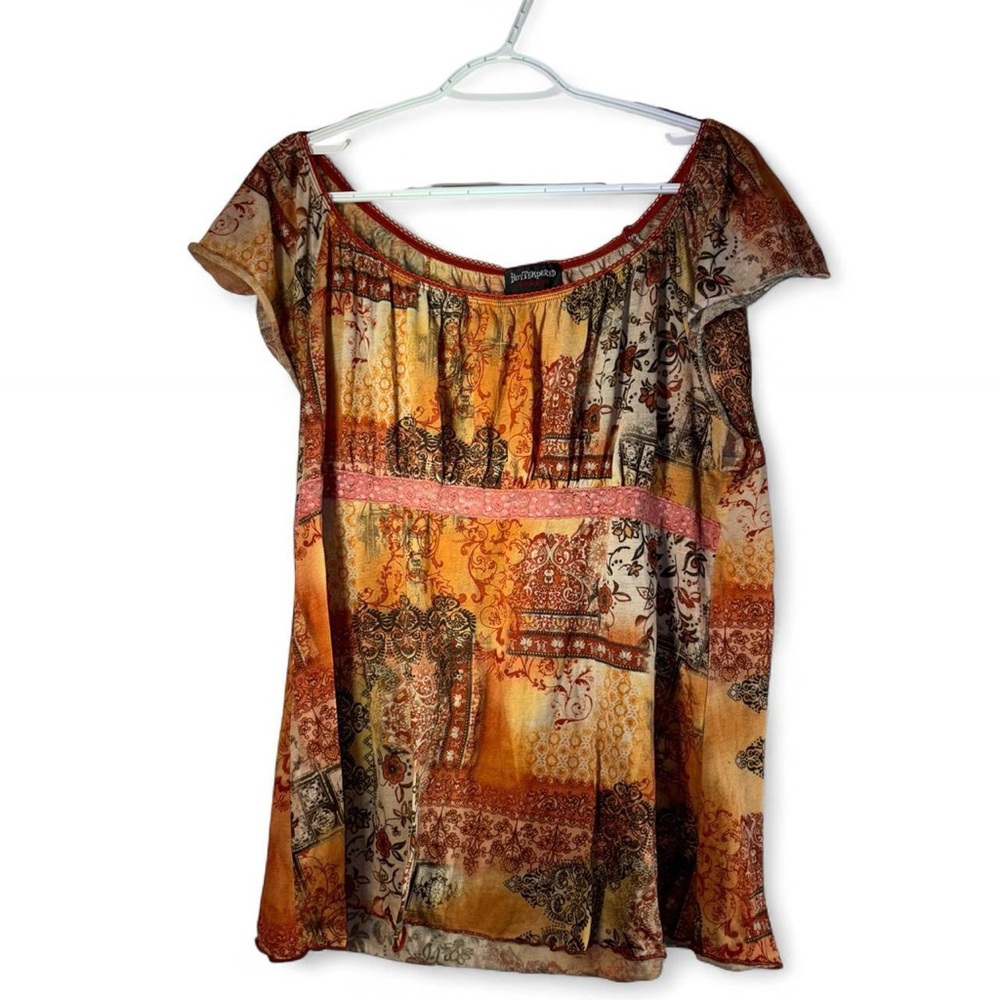Y2K vintage Printed Patchwork Cap-Sleeve Top in Orange and Brown